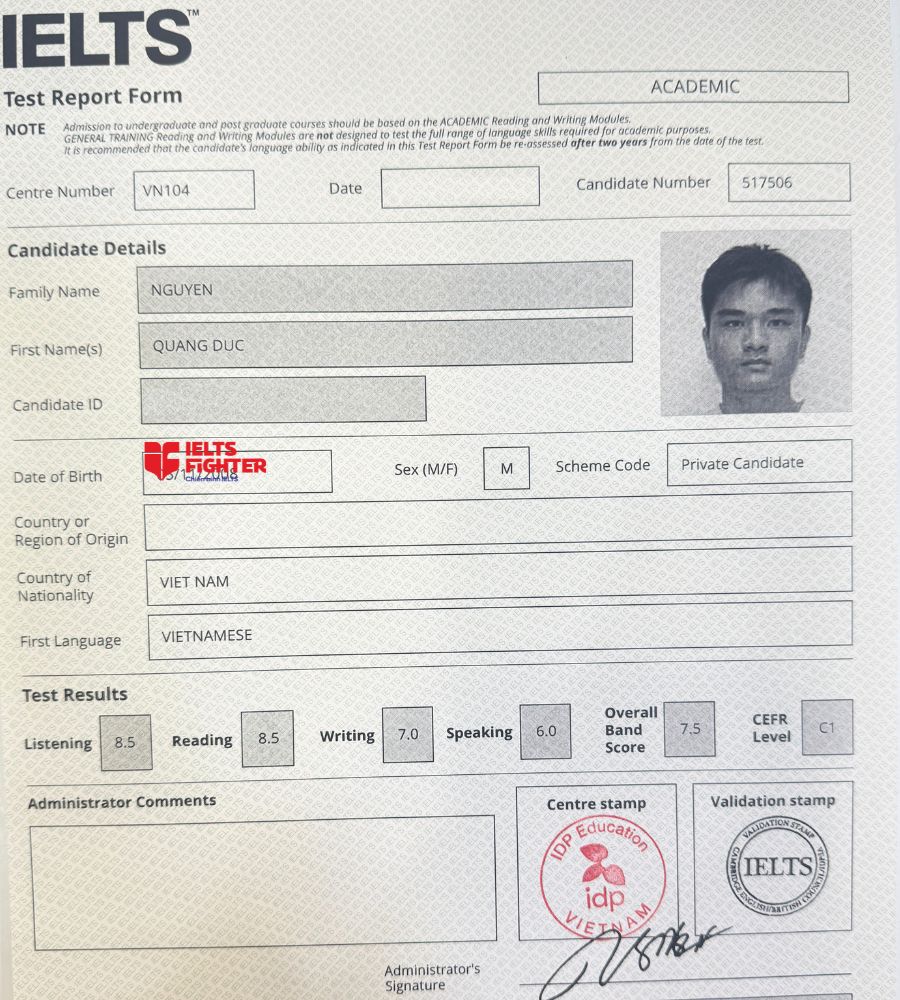 chứng chỉ Nguyễn Quang Đức 7.5 IELTS