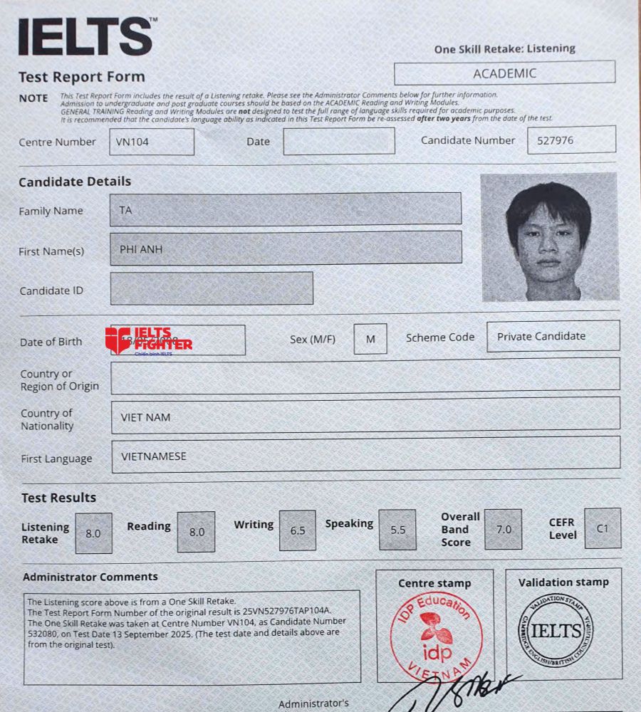 chứng chỉ Tạ Phi Anh 7.0 IELTS