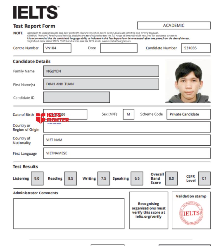 chứng chỉ Nguyễn Đ&igrave;nh Anh Tuấn  8.0 IELTS