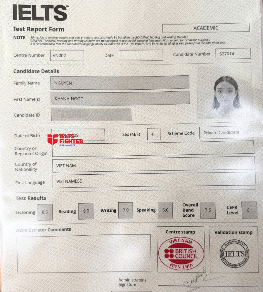 chứng chỉ Nguyễn Khánh Ngọc 7.0 IELTS