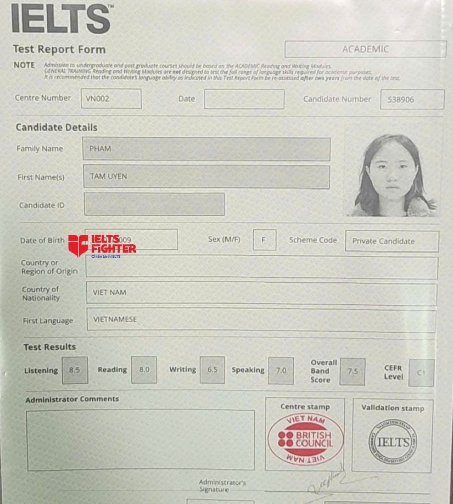 chứng chỉ Phạm T&acirc;m Uy&ecirc;n  7.5 IELTS