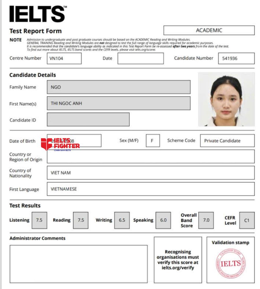 chứng chỉ Ngô Thị Ngọc Ánh 7.0 IELTS