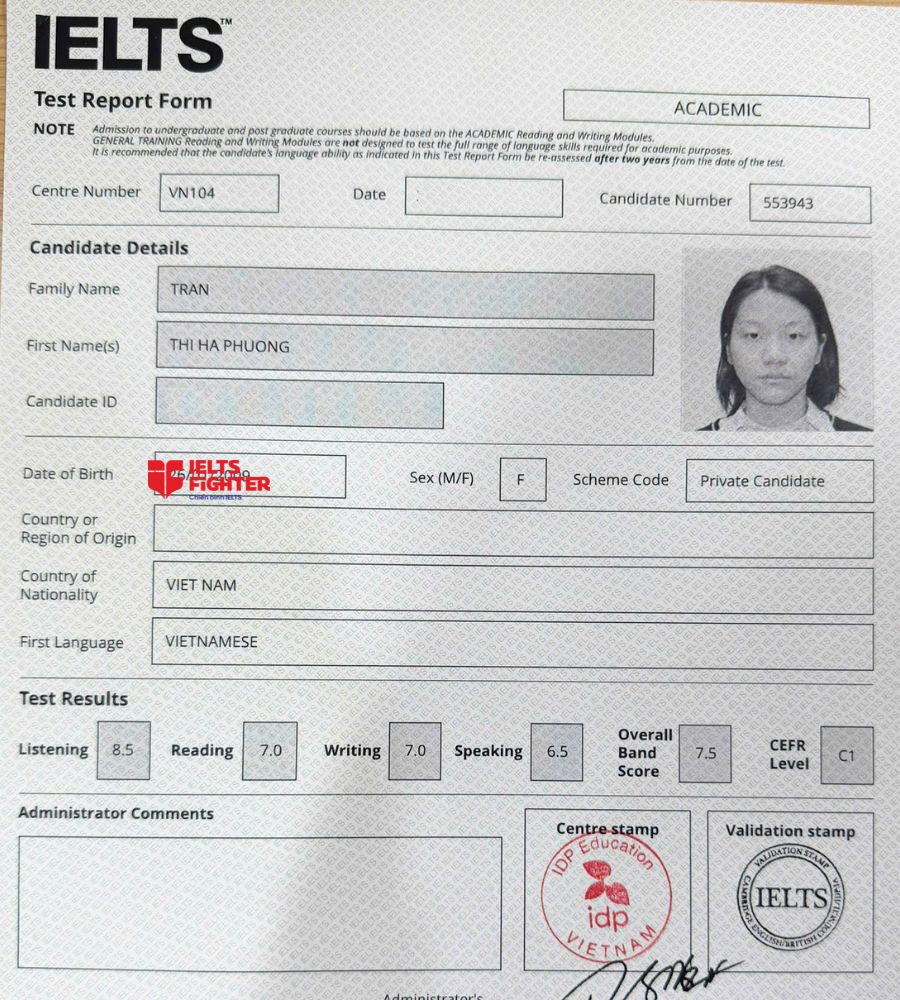 chứng chỉ Trần Thị Hà Phương 7.5 IELTS