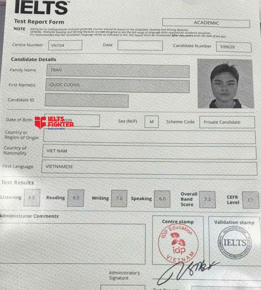 chứng chỉ Trần Quốc Cường 7.5 IELTS