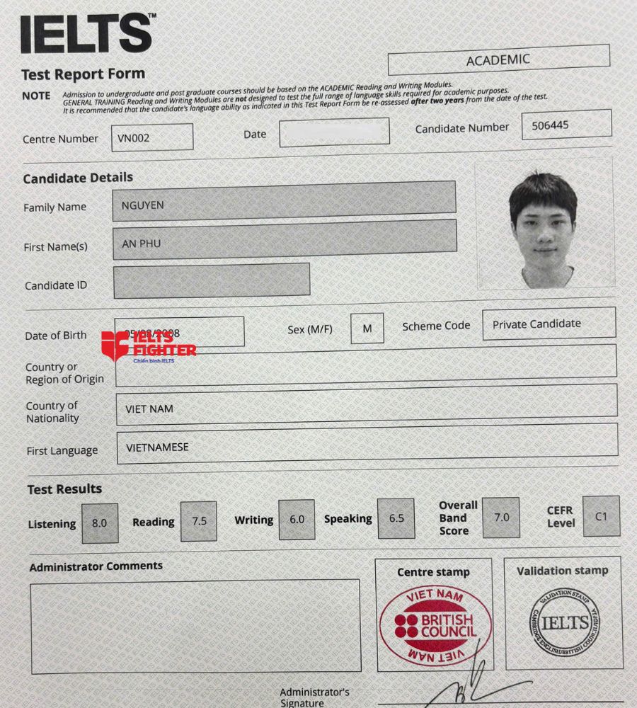 chứng chỉ Nguyễn An Ph&uacute; 7.0 IELTS