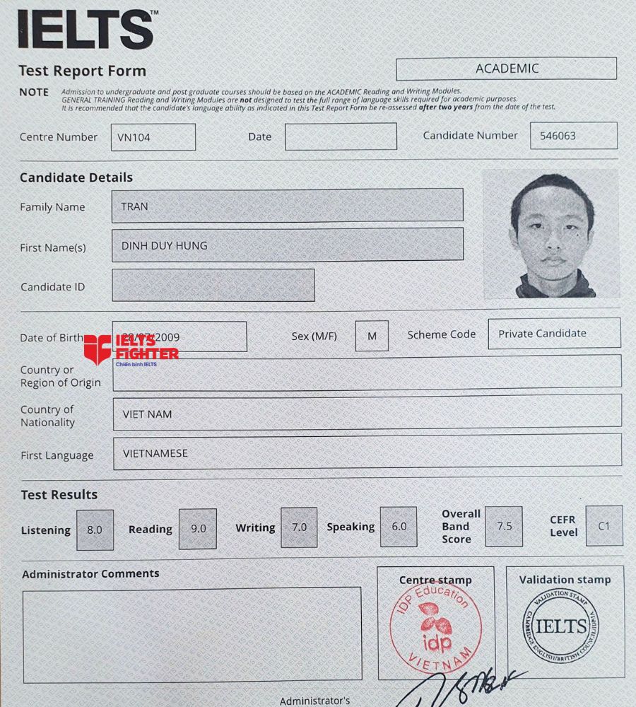 chứng chỉ Trần Đình Duy Hưng 7.5 IELTS