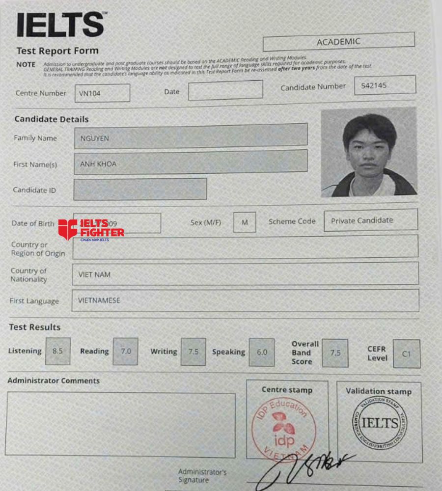 chứng chỉ Nguyễn Anh Khoa 7.5 IELTS
