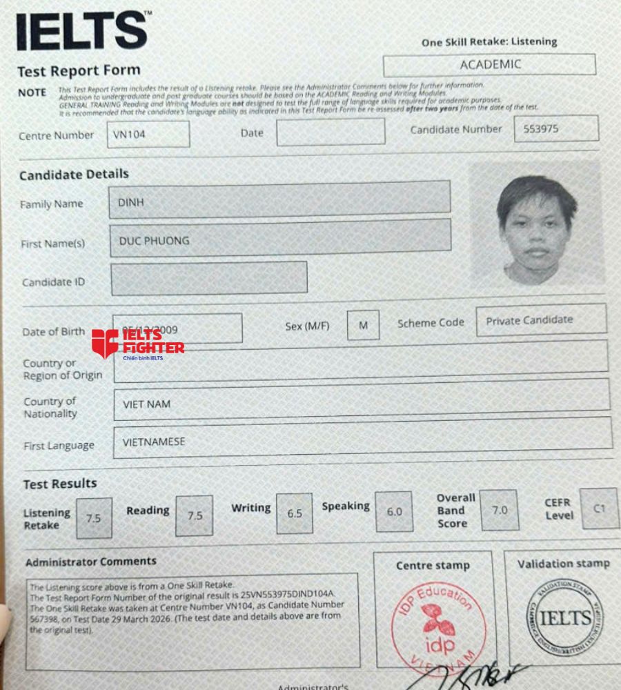 chứng chỉ Đinh Đức Phương 7.5 IELTS