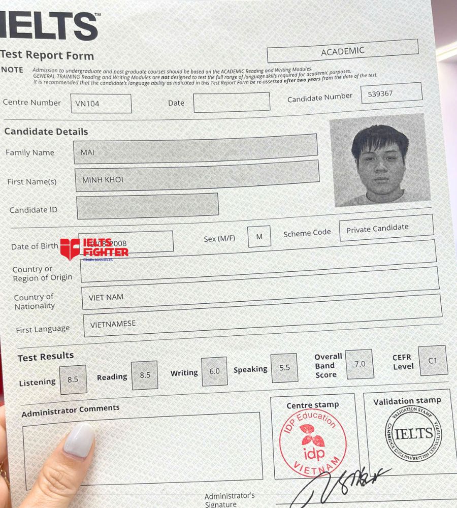 chứng chỉ Mai Minh Kh&ocirc;i  7.0 IELTS