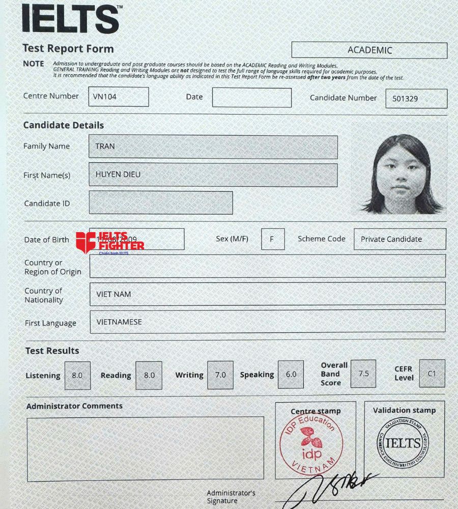 chứng chỉ Trần Huyền Diệu 7.5 IELTS