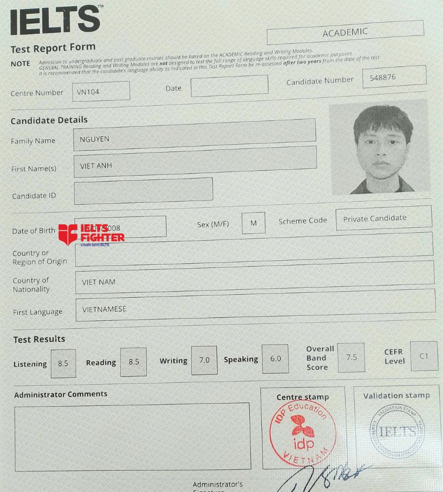 chứng chỉ Nguyễn Việt Anh 7.5 IELTS