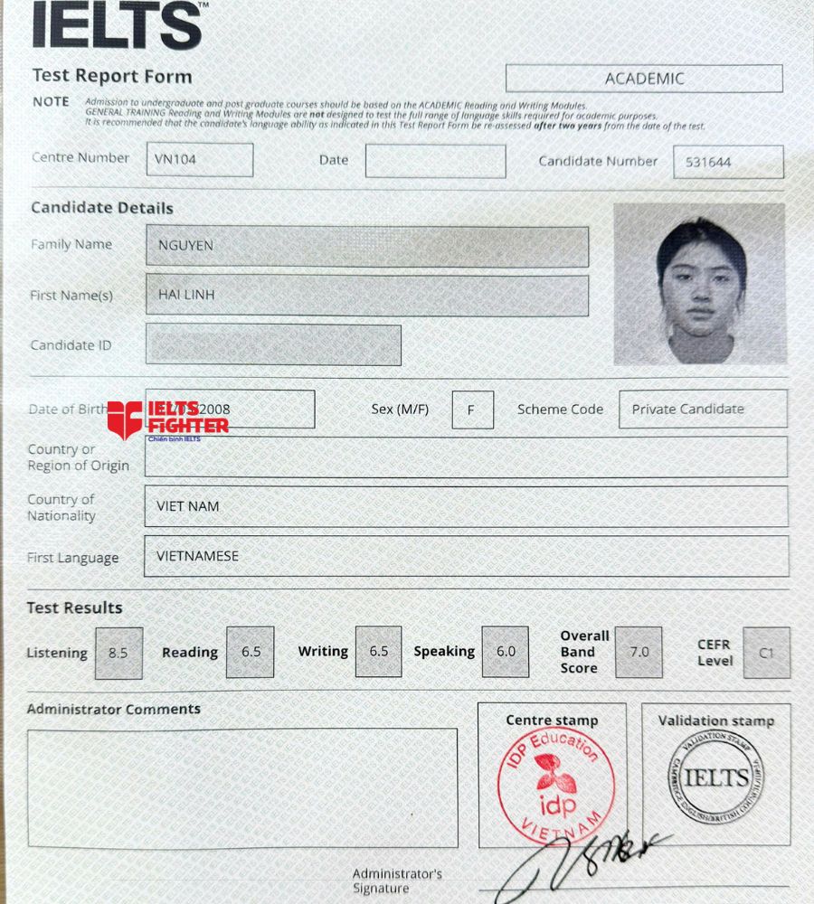 chứng chỉ Nguyễn Hải Linh 7.0 IELTS