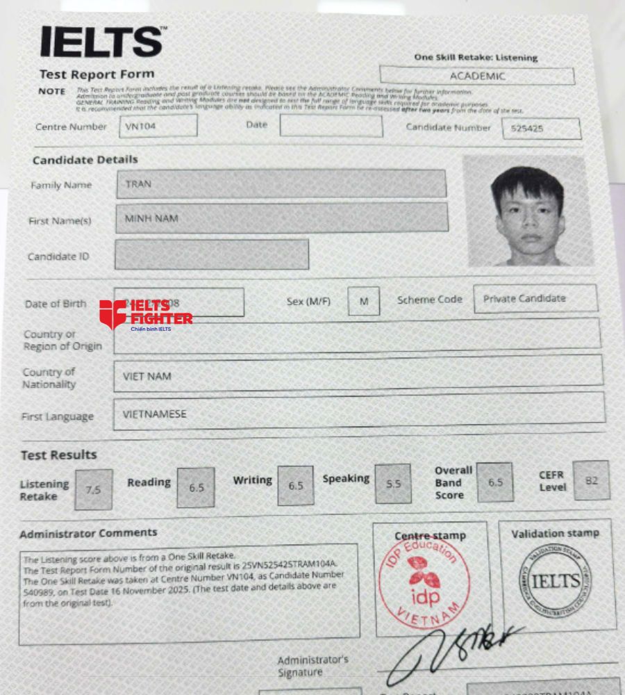 chứng chỉ Trần Minh Nam 6.5 IELTS