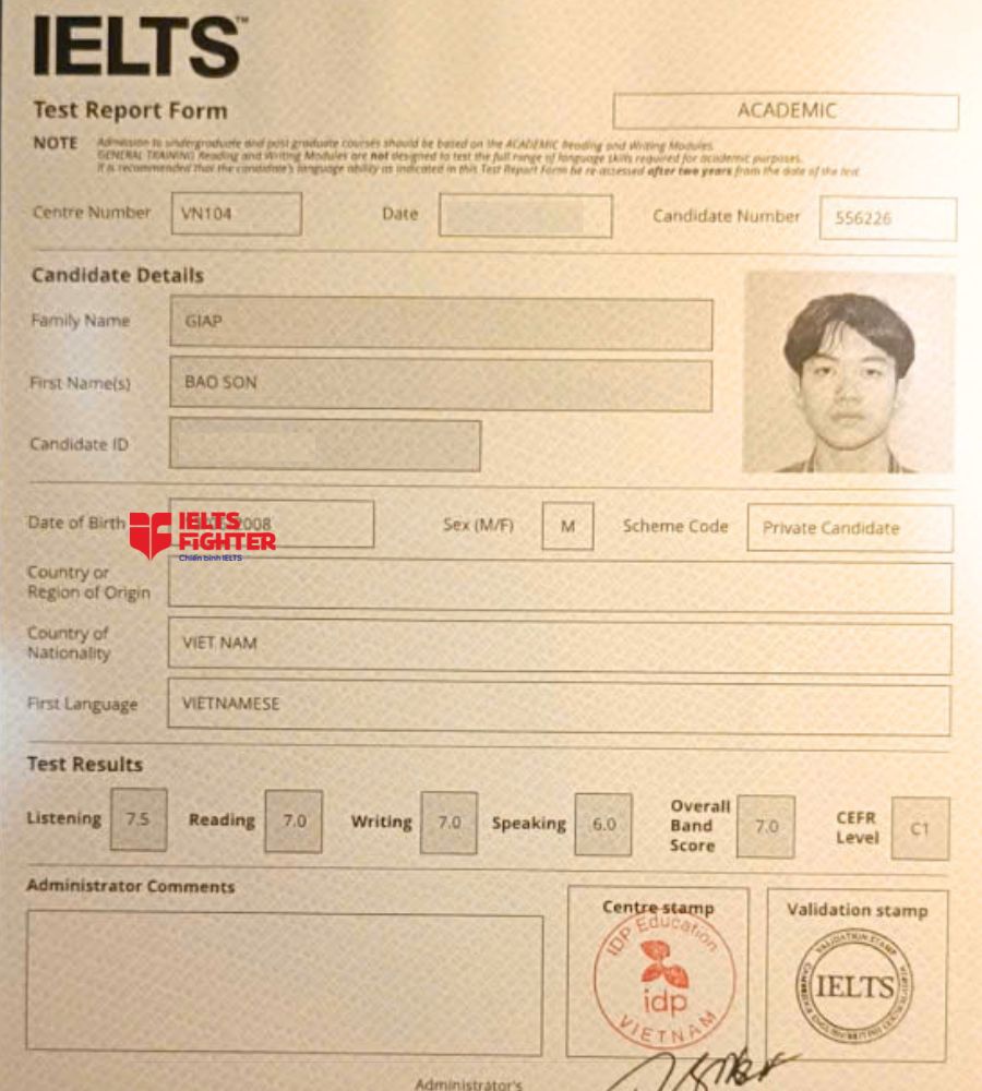 chứng chỉ Gi&aacute;p Bảo Sơn  7.0 IELTS