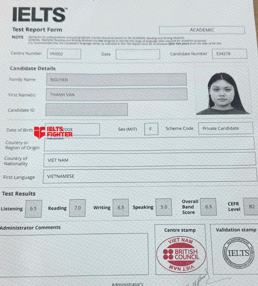 chứng chỉ Nguyễn Thanh V&acirc;n 6.5 IELTS