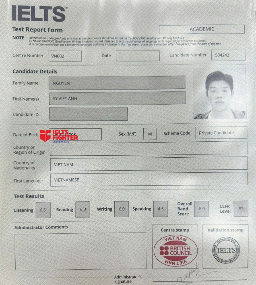 chứng chỉ Nguyễn Sỹ Việt Anh  6.0 IELTS