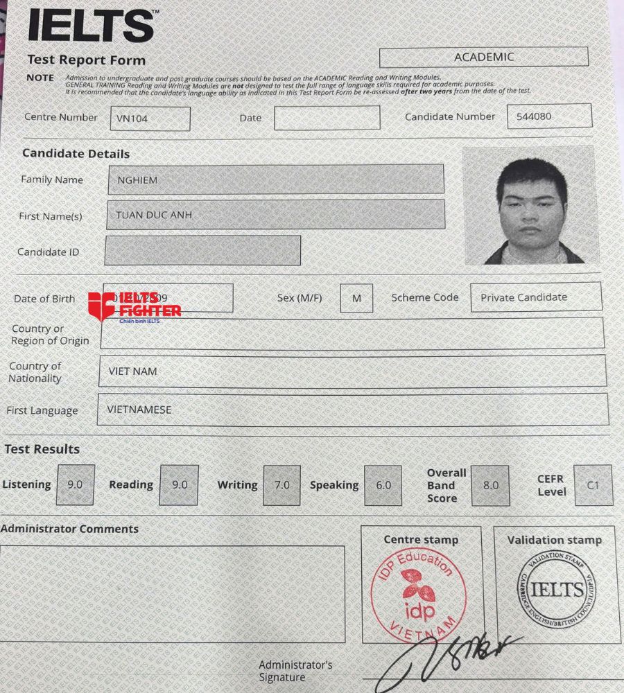 chứng chỉ Nghi&ecirc;m Tuấn Đức Anh 8.0 IELTS