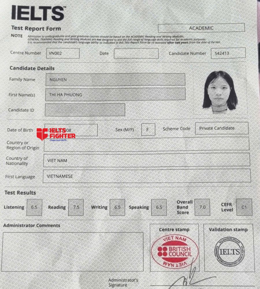 chứng chỉ Nguyễn Thị H&agrave; Phương 7.0 IELTS