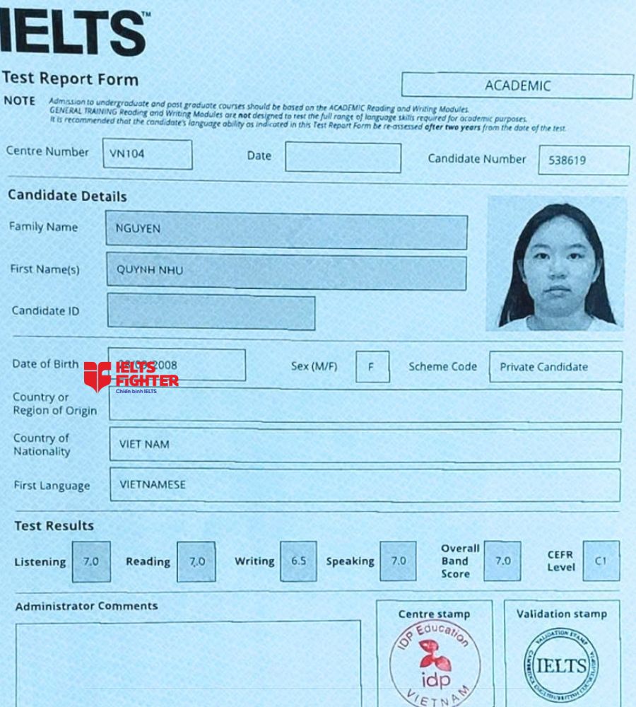 chứng chỉ Nguyễn Quỳnh Như 7.0 IELTS
