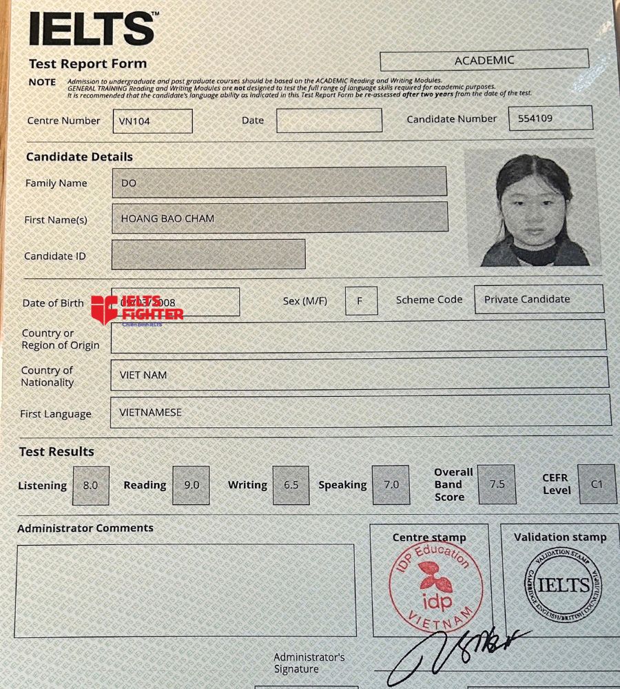 chứng chỉ Đỗ Ho&agrave;ng Bảo Ch&acirc;m 7.5 IELTS