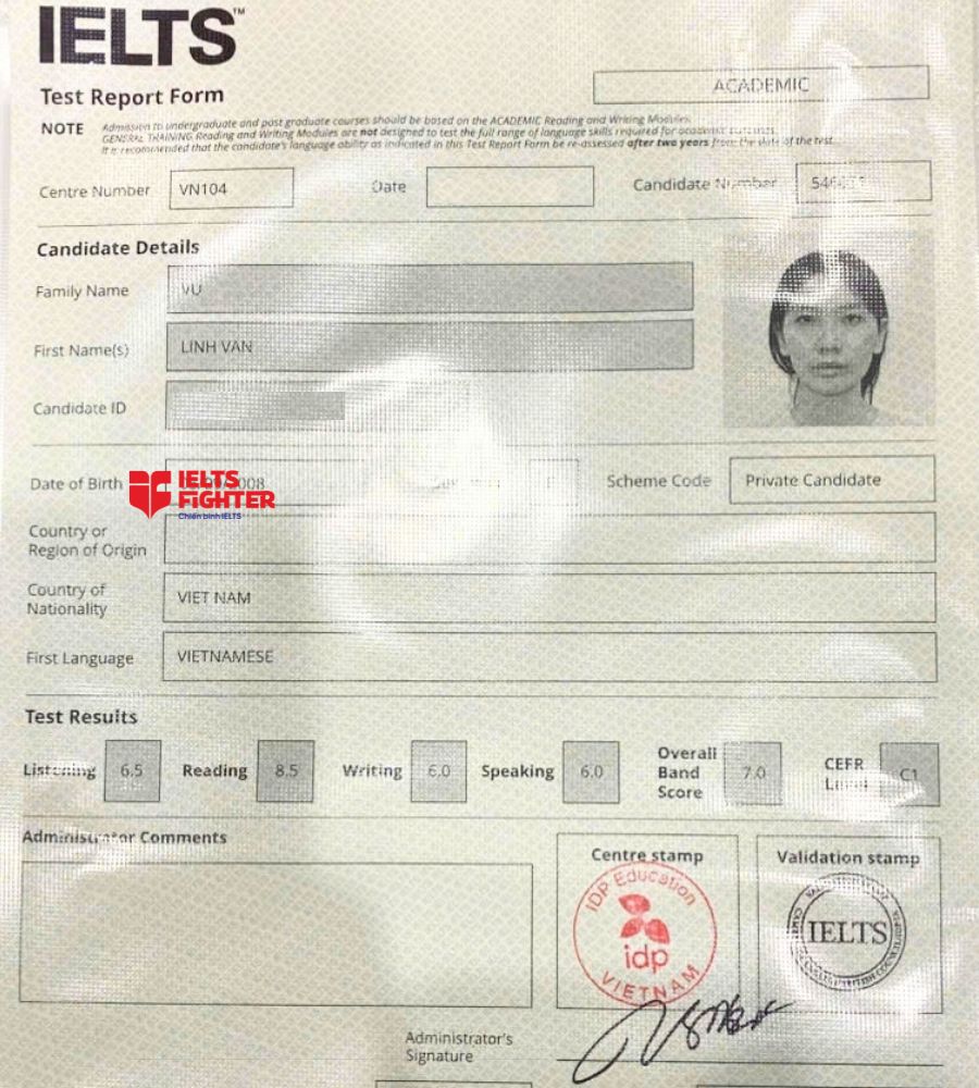 chứng chỉ Vũ Linh V&acirc;n  7.0 IELTS