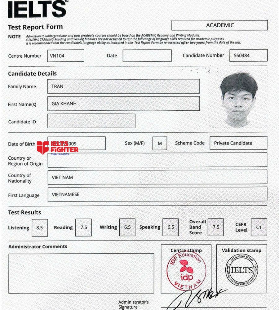 chứng chỉ Trần Gia Kh&aacute;nh 7.5 IELTS