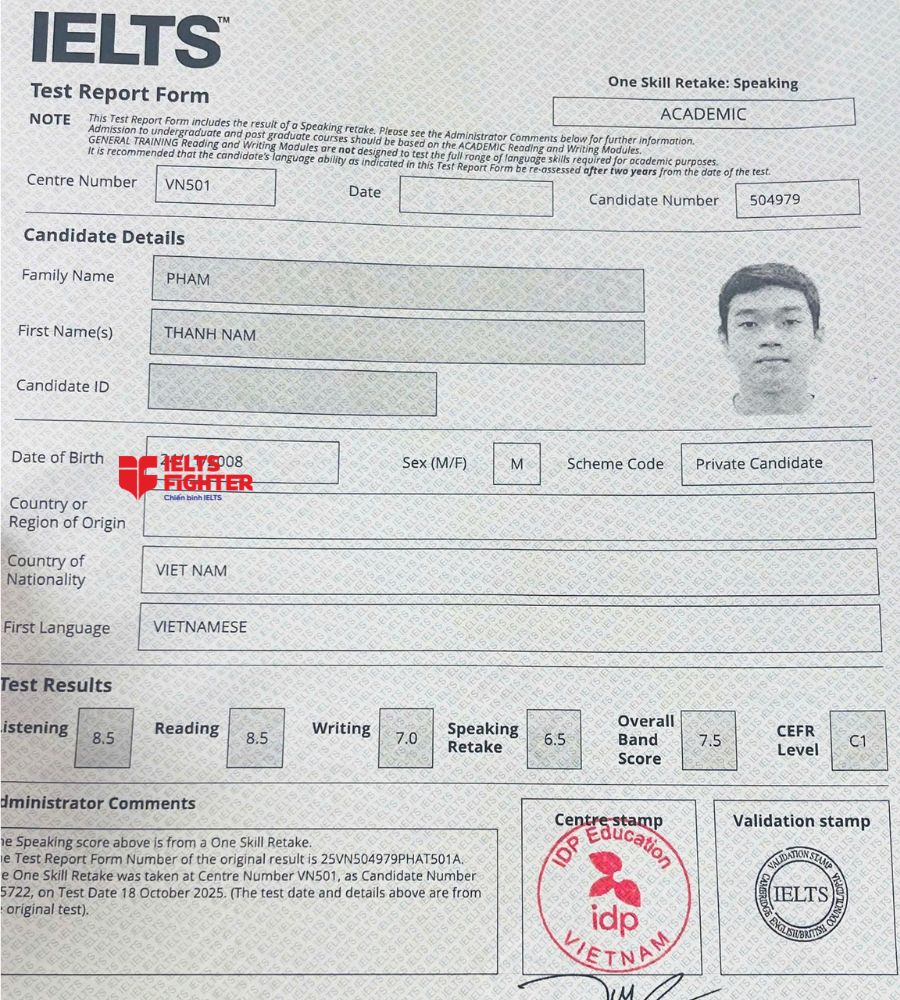 chứng chỉ Phạm Thanh Nam 7.5 IELTS