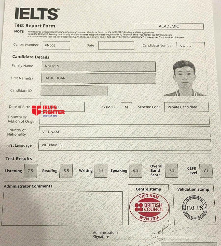 chứng chỉ Nguyễn Đăng Ho&agrave;n  7.5 IELTS
