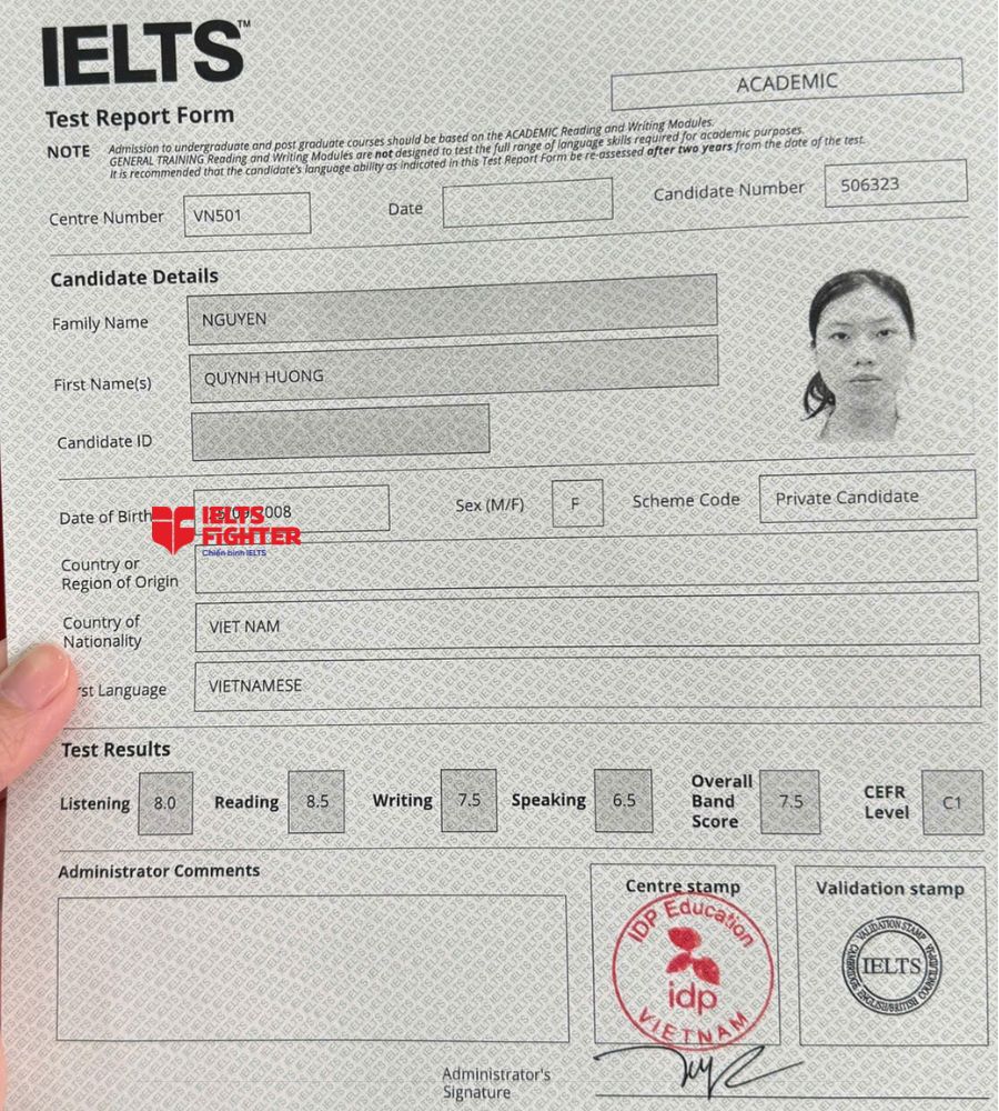 chứng chỉ Nguyễn Quỳnh Hương 7.5 IELTS