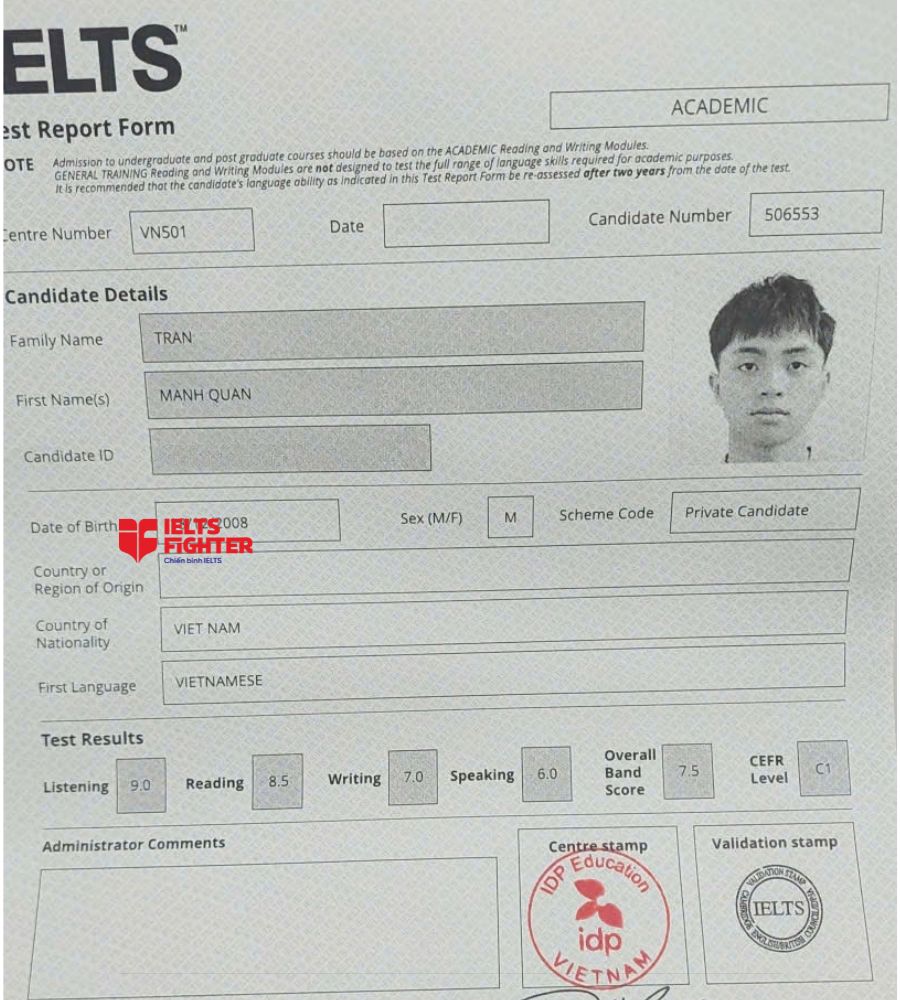 chứng chỉ Trần Mạnh Qu&acirc;n 7.5 IELTS