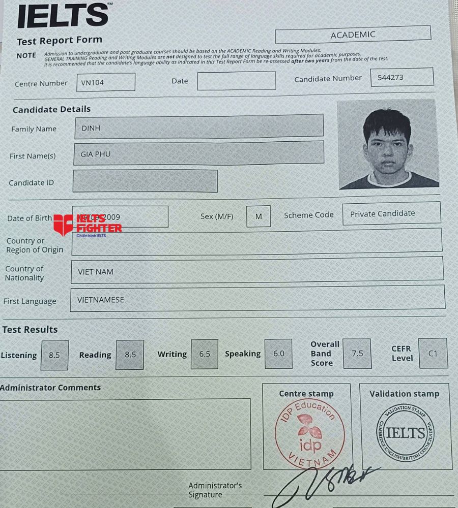 chứng chỉ Đinh Gia Ph&uacute; 7.5 IELTS