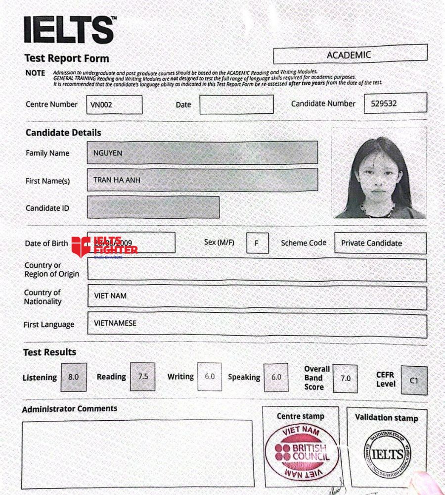 chứng chỉ Nguyễn Trần H&agrave; Anh 7.0&nbsp; IELTS