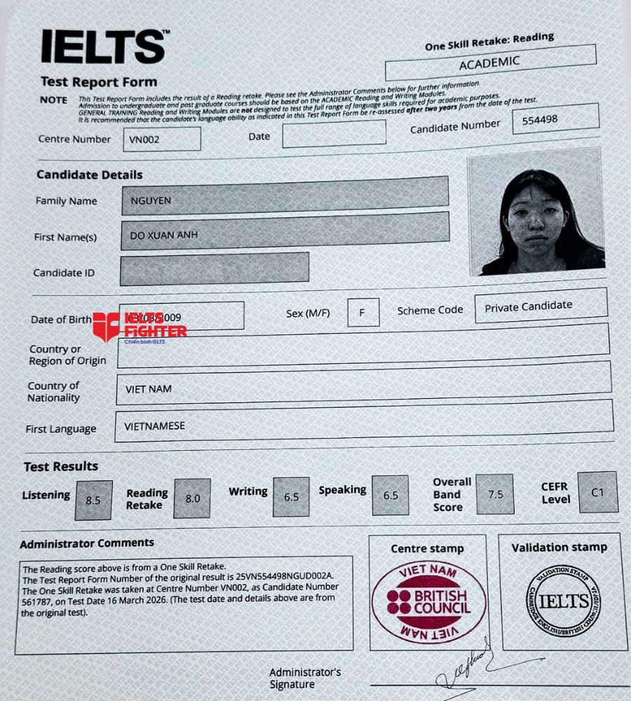 chứng chỉ Nguyễn Đỗ Xu&acirc;n Anh  7.5 IELTS