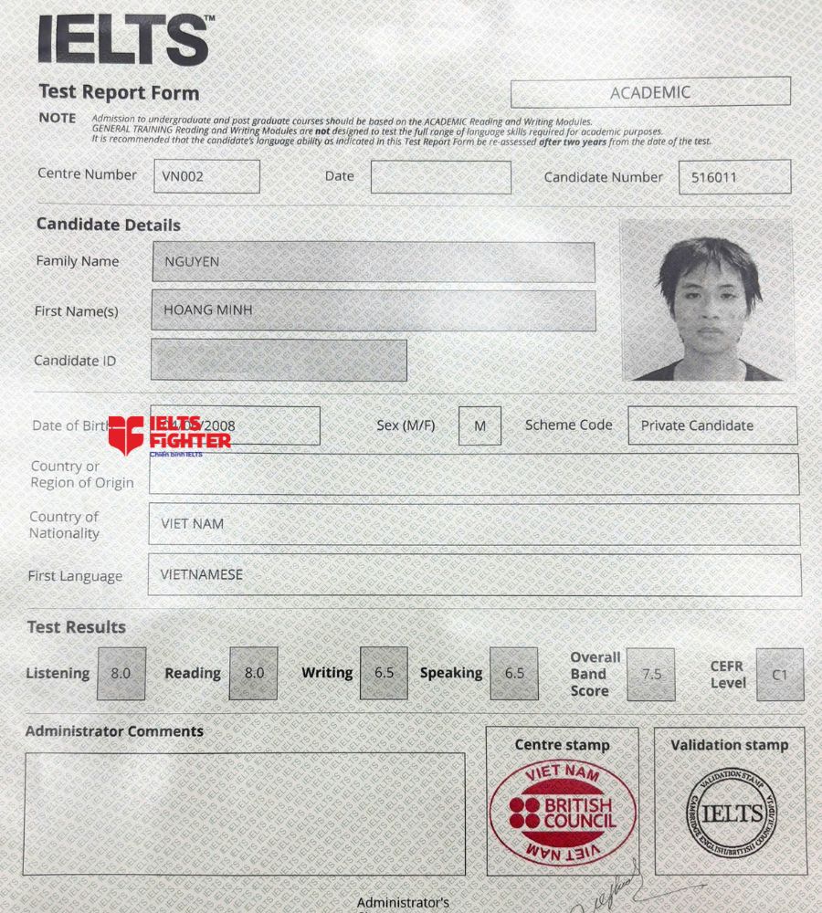 chứng chỉ Nguyễn Ho&agrave;ng Minh 7.5 IELTS