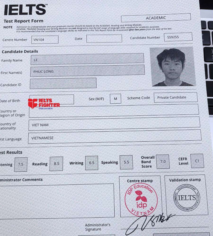 chứng chỉ L&ecirc; Ph&uacute;c Long 7.0 IELTS
