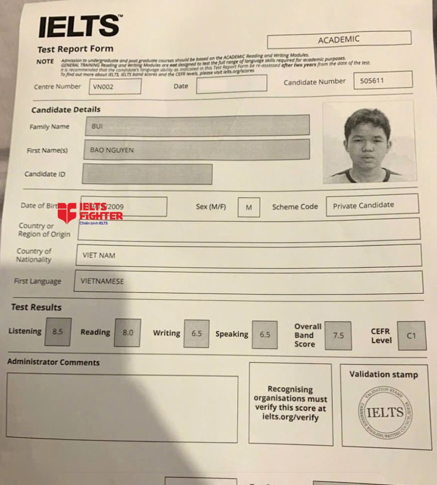 chứng chỉ B&ugrave;i Bảo Nguy&ecirc;n  7.5 IELTS