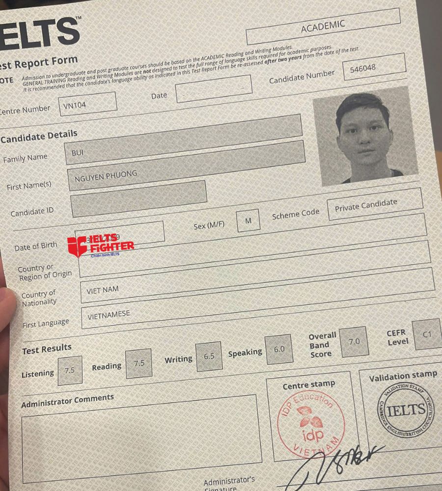 chứng chỉ B&ugrave;i Nguy&ecirc;n Phương  7.0 IELTS