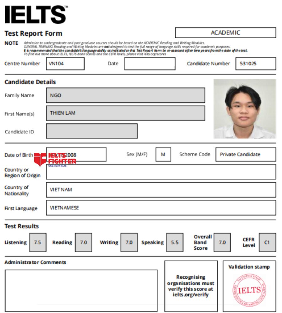 chứng chỉ Ng&ocirc; Thi&ecirc;n L&acirc;m  7.0 IELTS