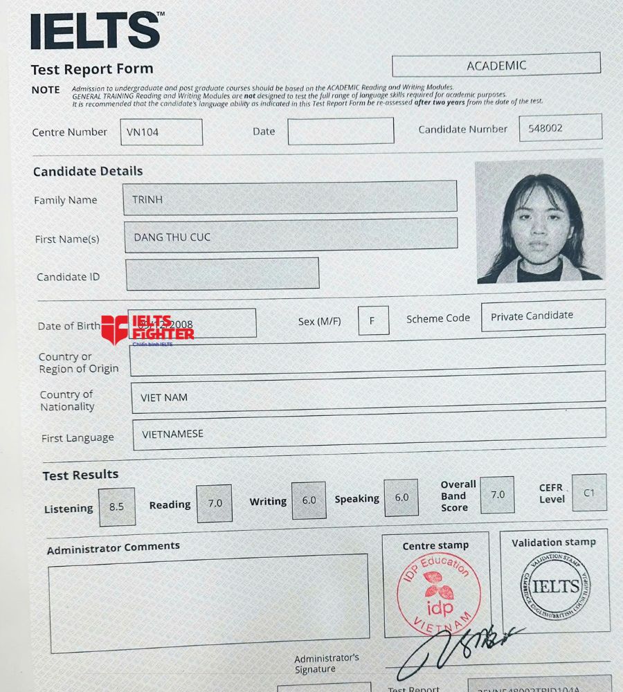 chứng chỉ Trịnh Đặng Thu Cúc 7.0 IELTS