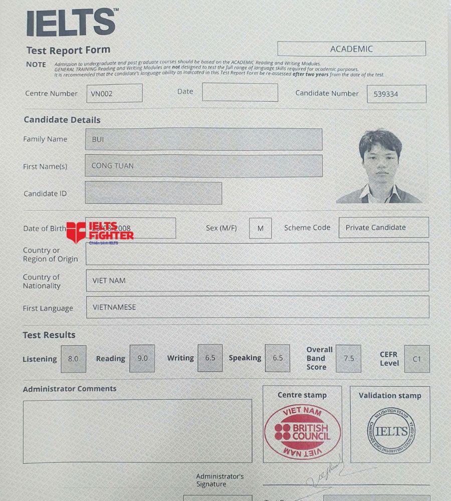 chứng chỉ Bùi Công Tuấn 7.5 IELTS