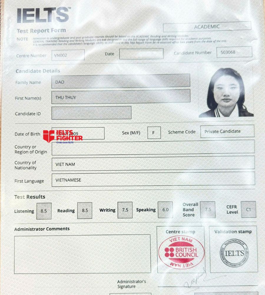 chứng chỉ Đ&agrave;o Thu Thủy  7.5 IELTS