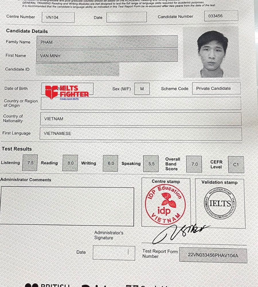 bảng điểm nhật minh 7.0 ielts