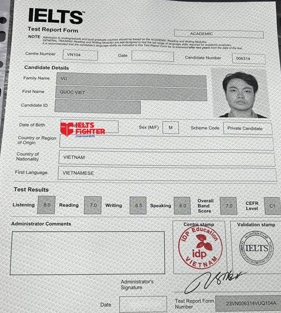 bảng điểm quốc việt 7.0 ielts
