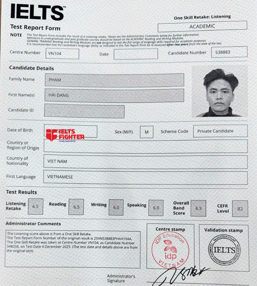 chứng chỉ Phạm Hải Đăng  6.5 IELTS