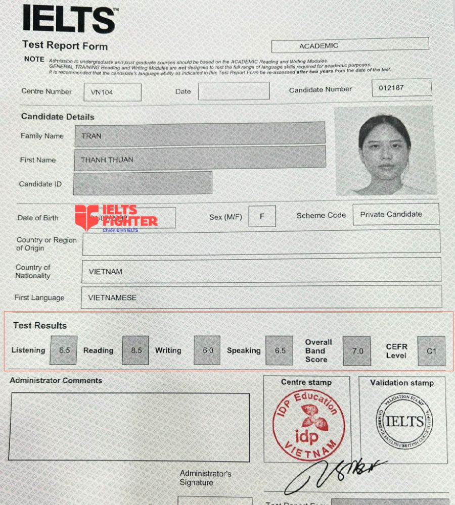 bảng điểm thanh thuận 7.0 IELTS