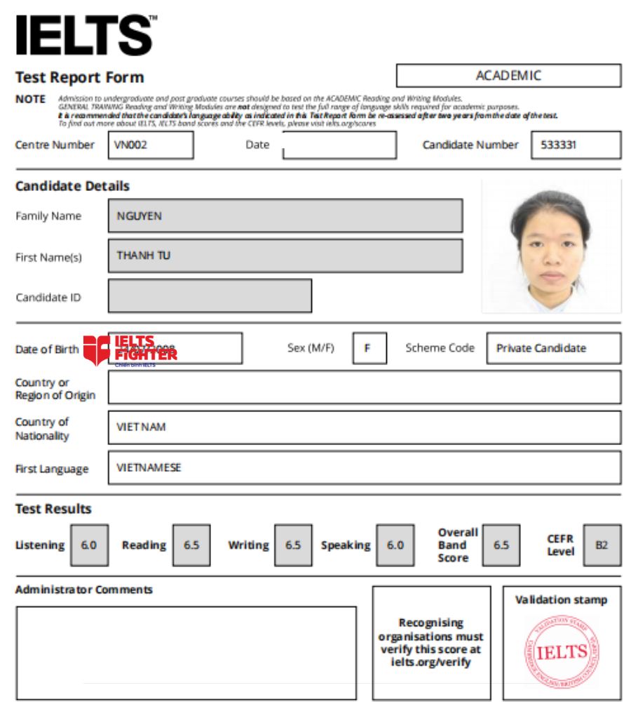 chứng chỉ Nguyễn Thanh T&uacute; 6.5 IELTS