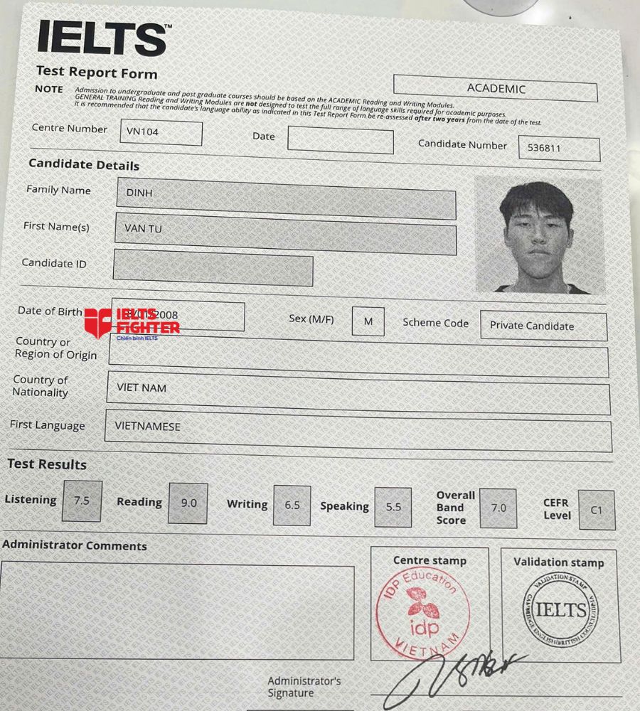 chứng chỉ Đinh Văn Tú 7.0 IELTS