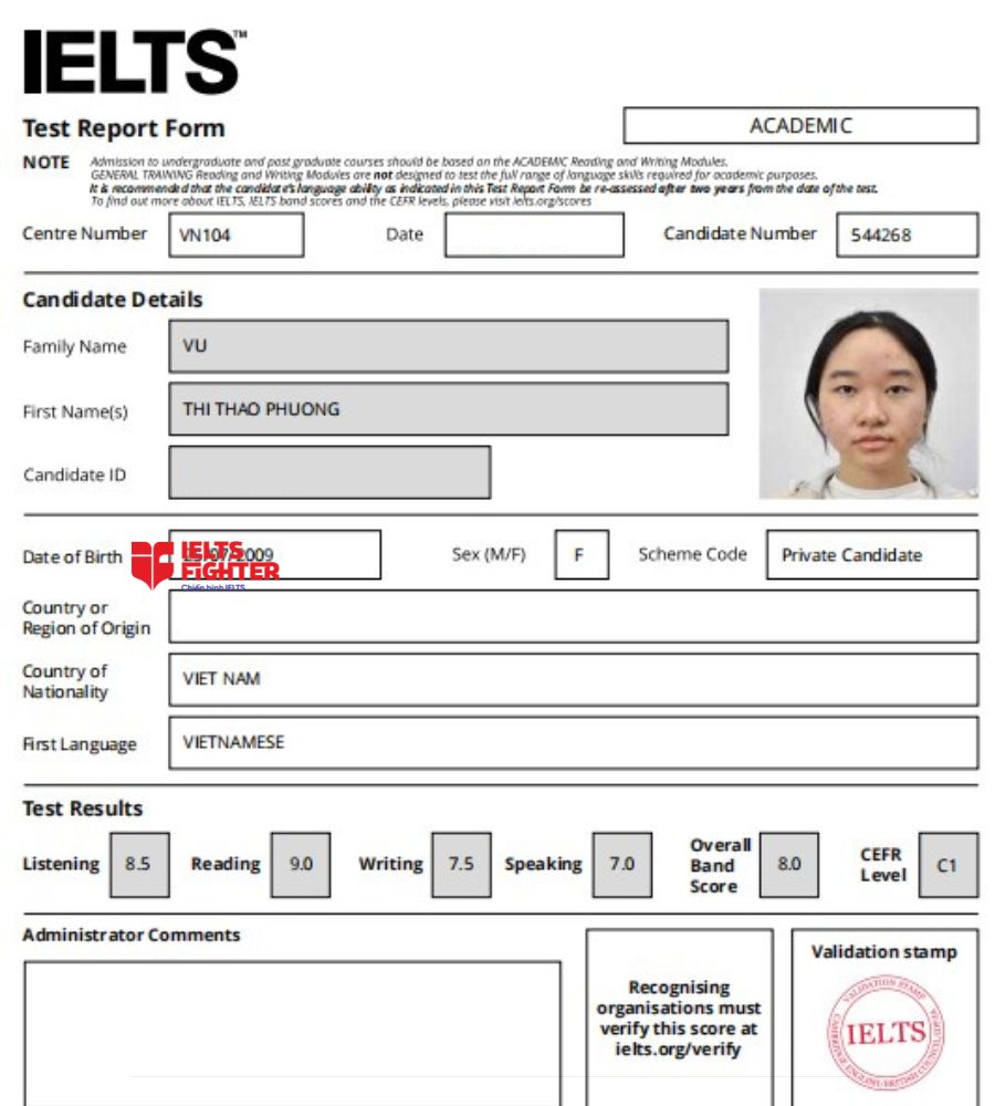 chứng chỉ Vũ Thị Thảo Phương 8.0 IELTS