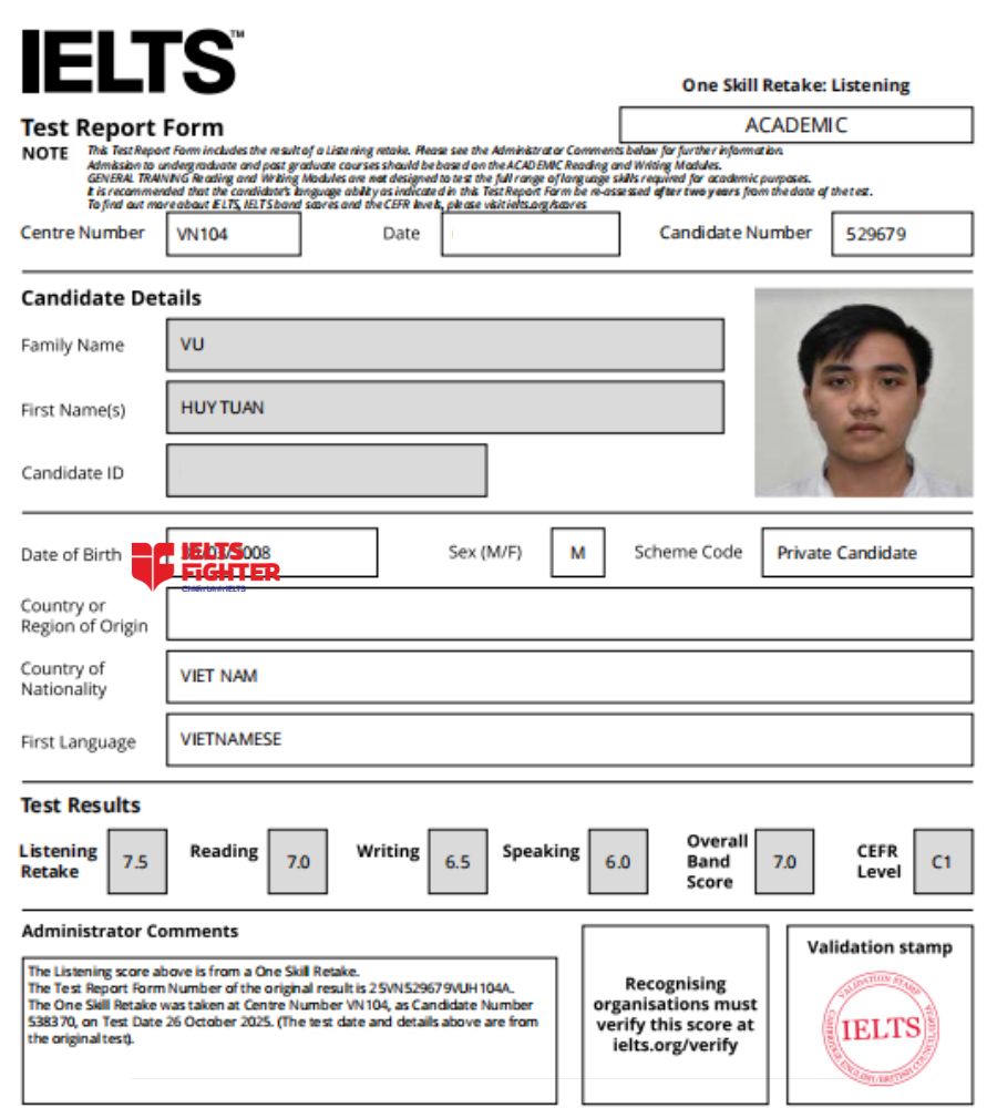 chứng chỉ Vũ Huy Tuấn 7.0 IELTS