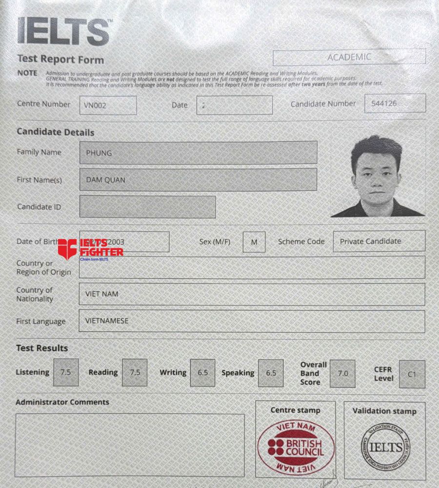 chứng chỉ Ph&ugrave;ng Đ&agrave;m Qu&acirc;n 7.0 IELTS